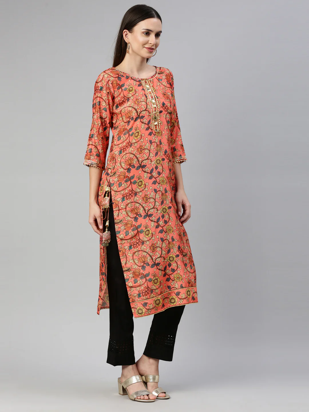 Neerus Carrot Color Dupion Silk Fabric Kurta - Image 4