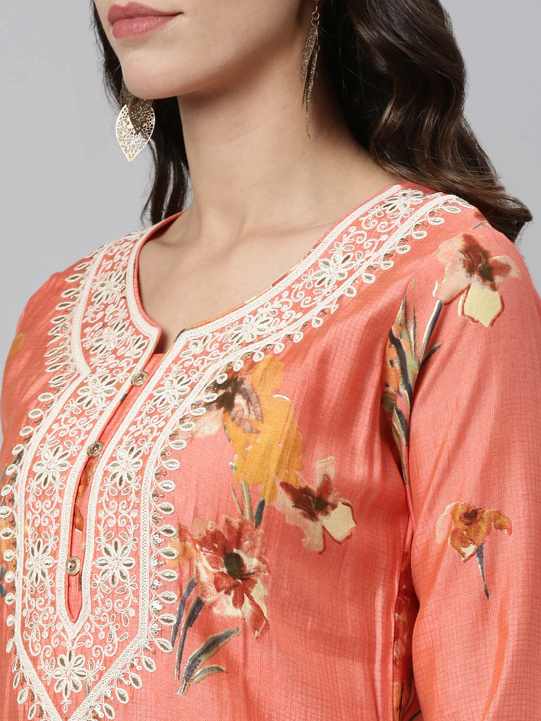 Neerus Carrot Color Silk Fabric Kurta - Image 3