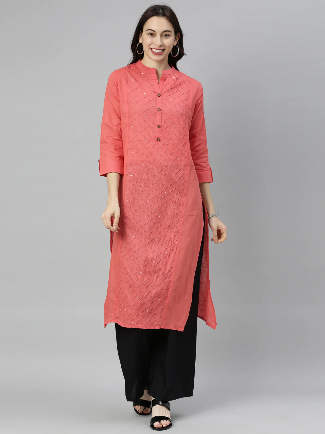 Neerus Carrot Colour Slub Cotton Fabric Tunic "44"