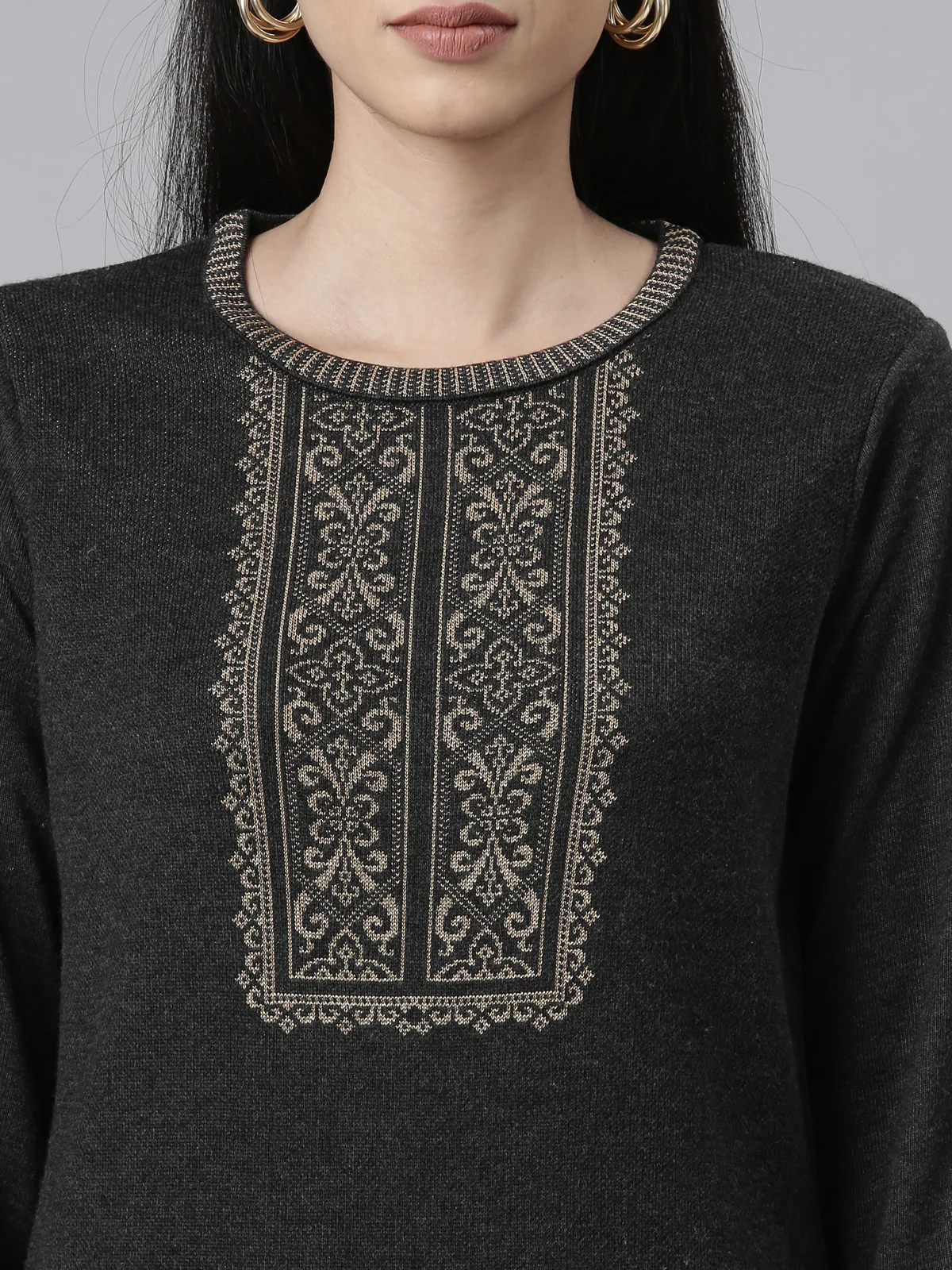 Neerus Winter Wear Charcoal Yoke Design Straight Fit Regular Acrylic Kurta For Women - Image 4