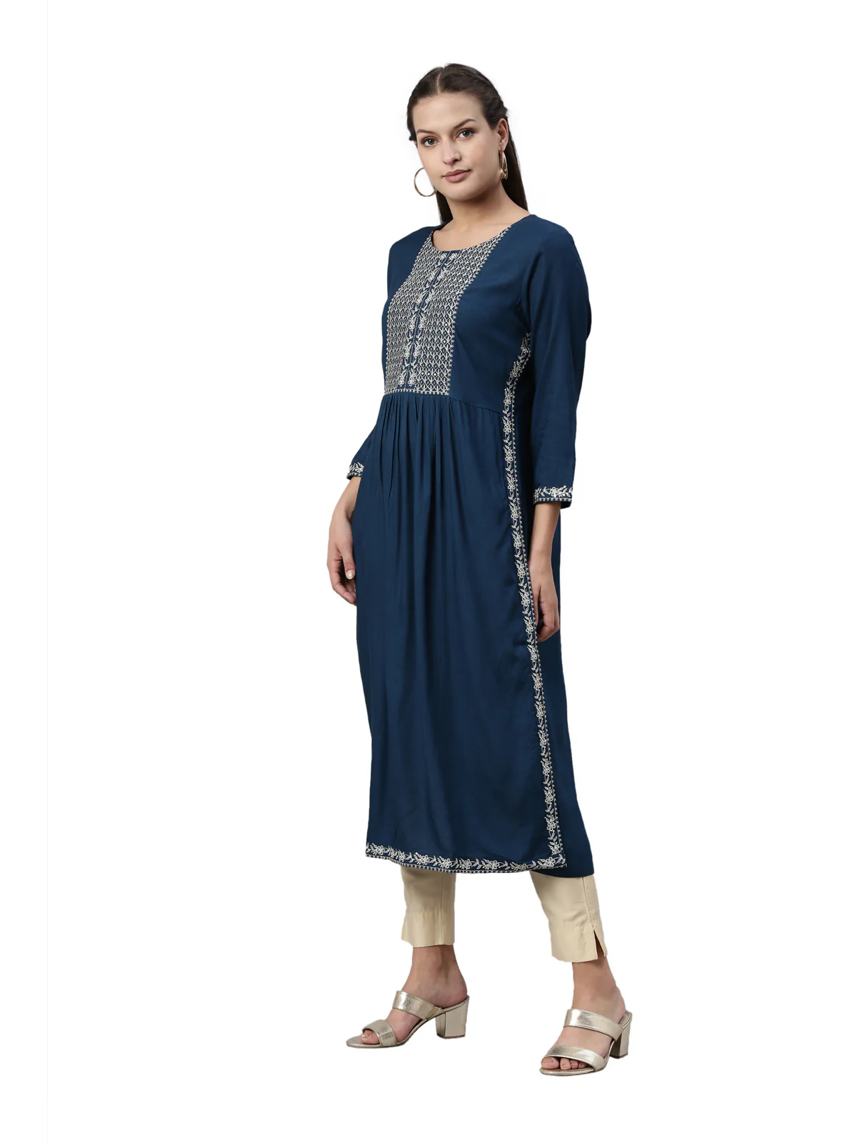 Neerus Cobalt Color Slub Rayon Fabric Kurta - Image 3