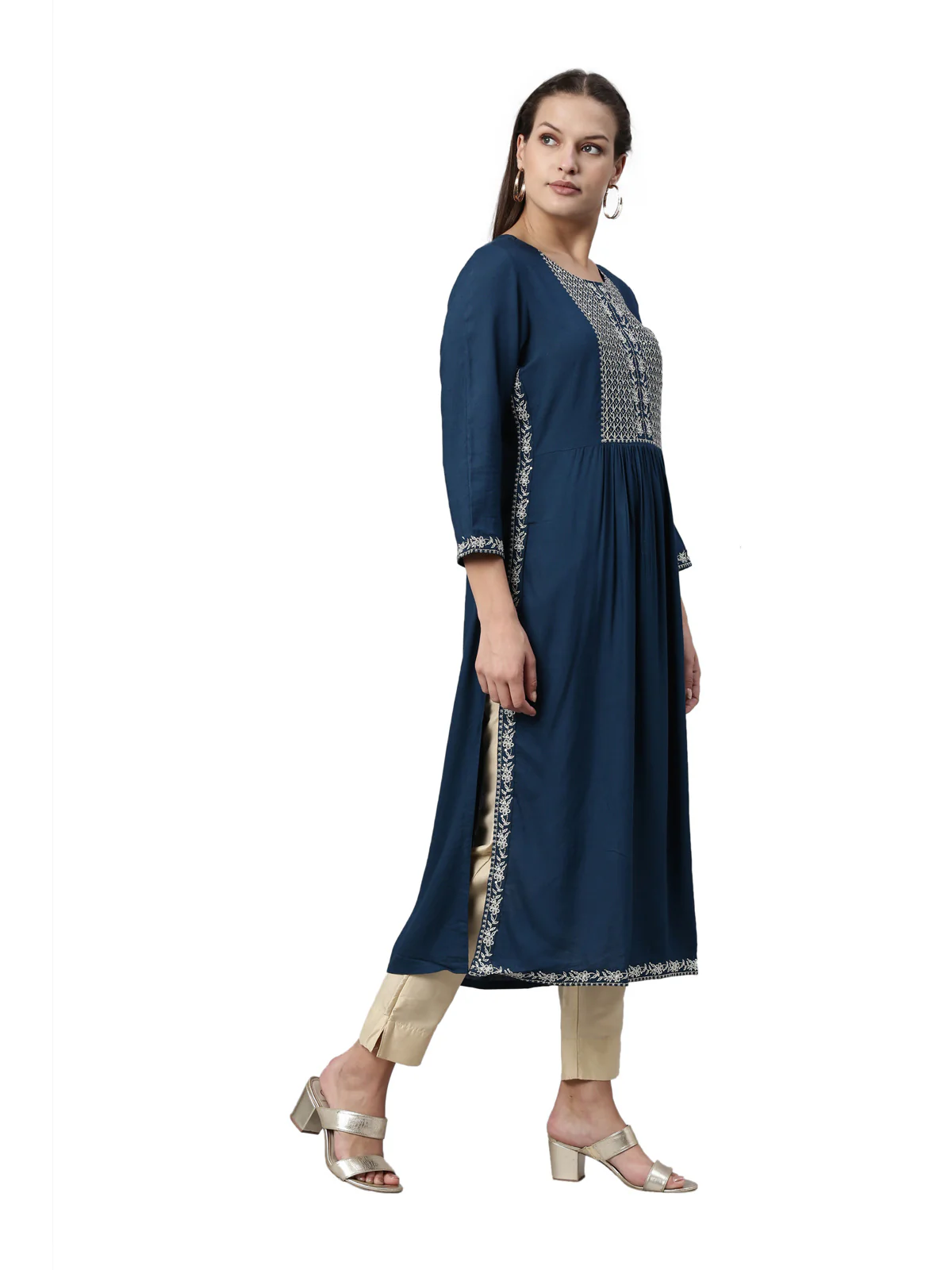 Neerus Cobalt Color Slub Rayon Fabric Kurta - Image 4
