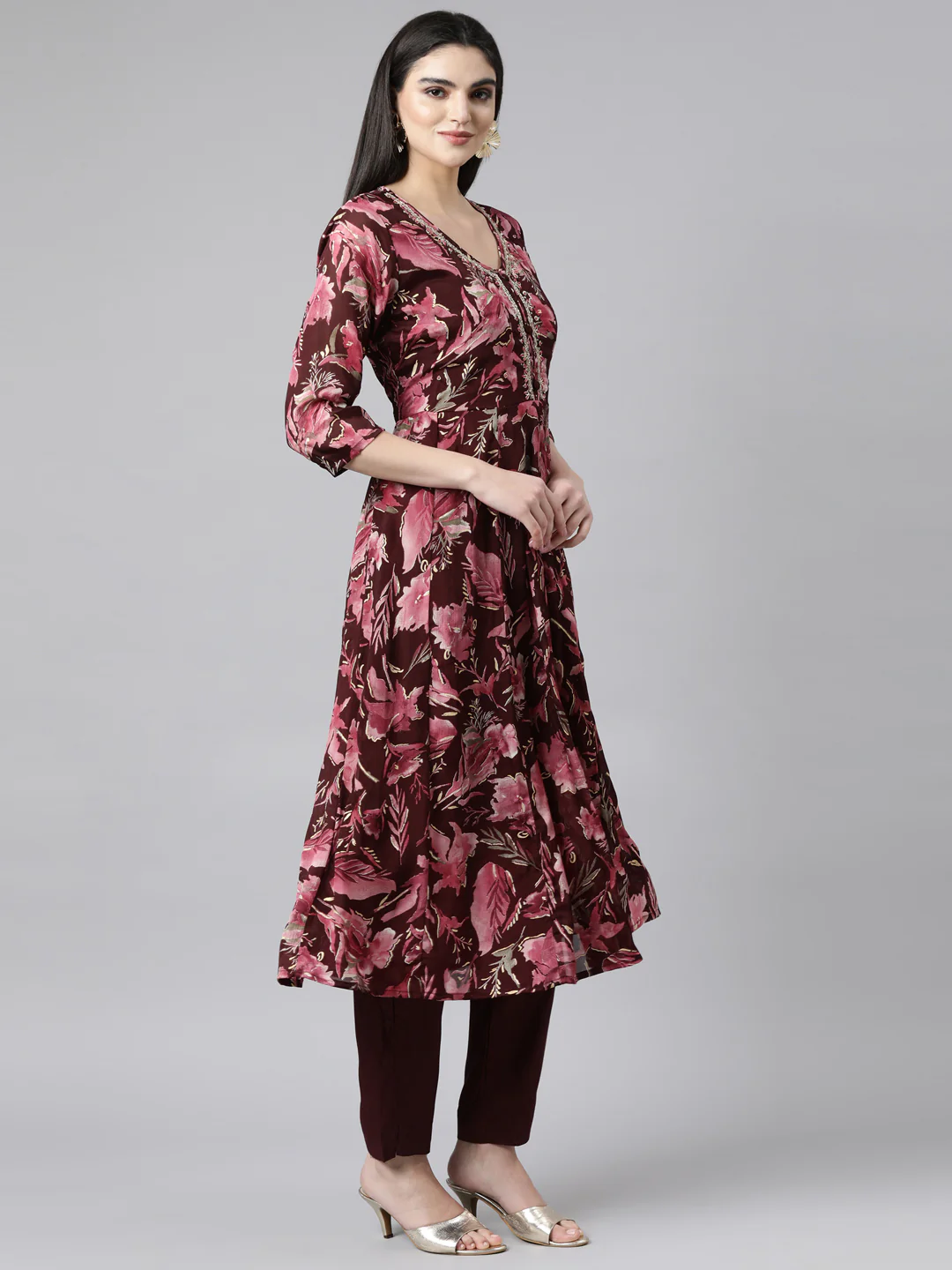 Neerus Coffee Brown Regular Straight Floral Kurta And Trousers With Dupatta - Image 2