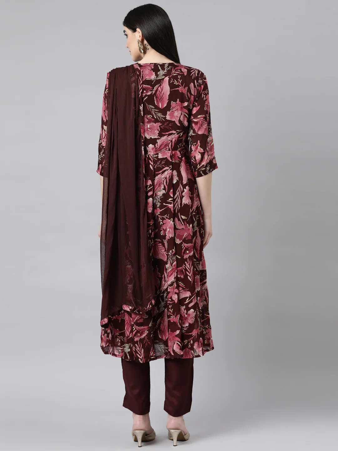 Neerus Coffee Brown Regular Straight Floral Kurta And Trousers With Dupatta - Image 3