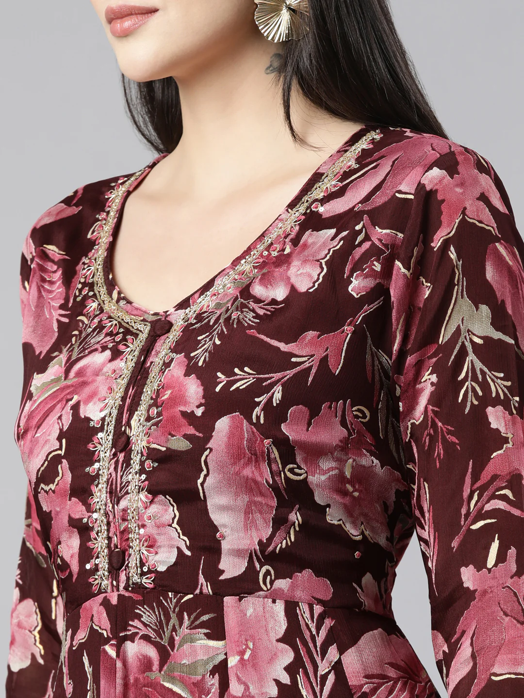 Neerus Coffee Brown Regular Straight Floral Kurta And Trousers With Dupatta - Image 4