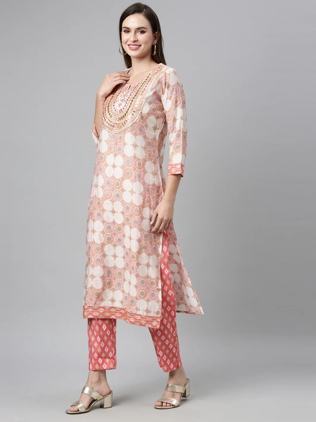 Neerus Coral Color Chanderi Cotton Fabric Kurta Sets With Dupatta - Image 7