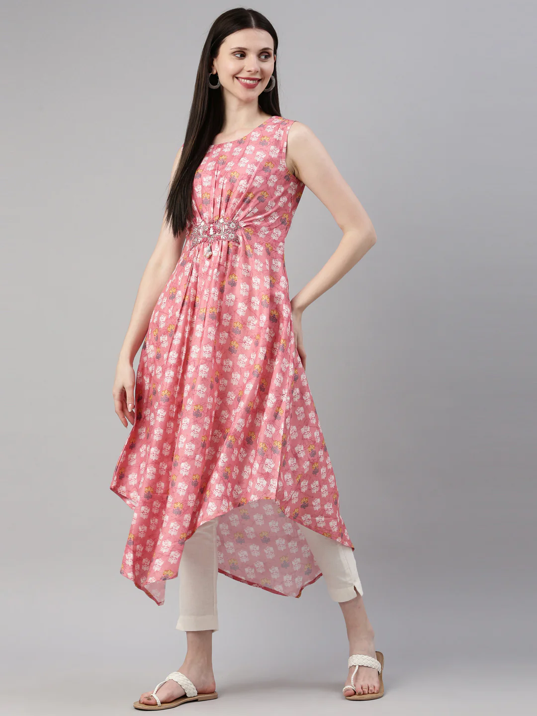Neerus Coral Color Model Fabric Kurta - Image 6