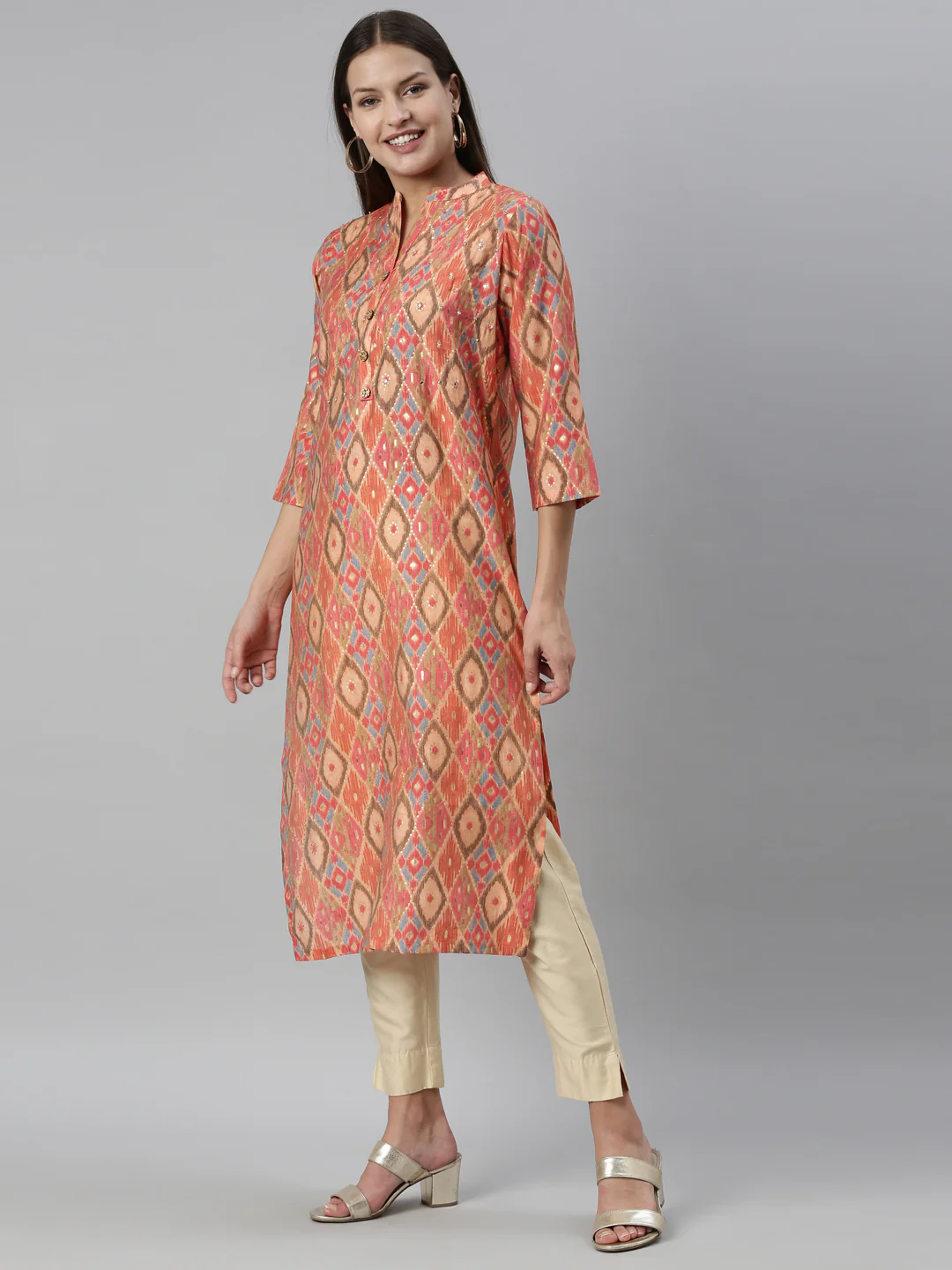 Neerus Coral Color Model Fabric Kurta - Image 3