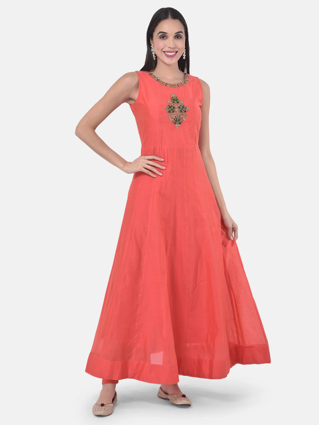 Neerus Coral Embellished Anarkali Kurta With Jacket - Image 6