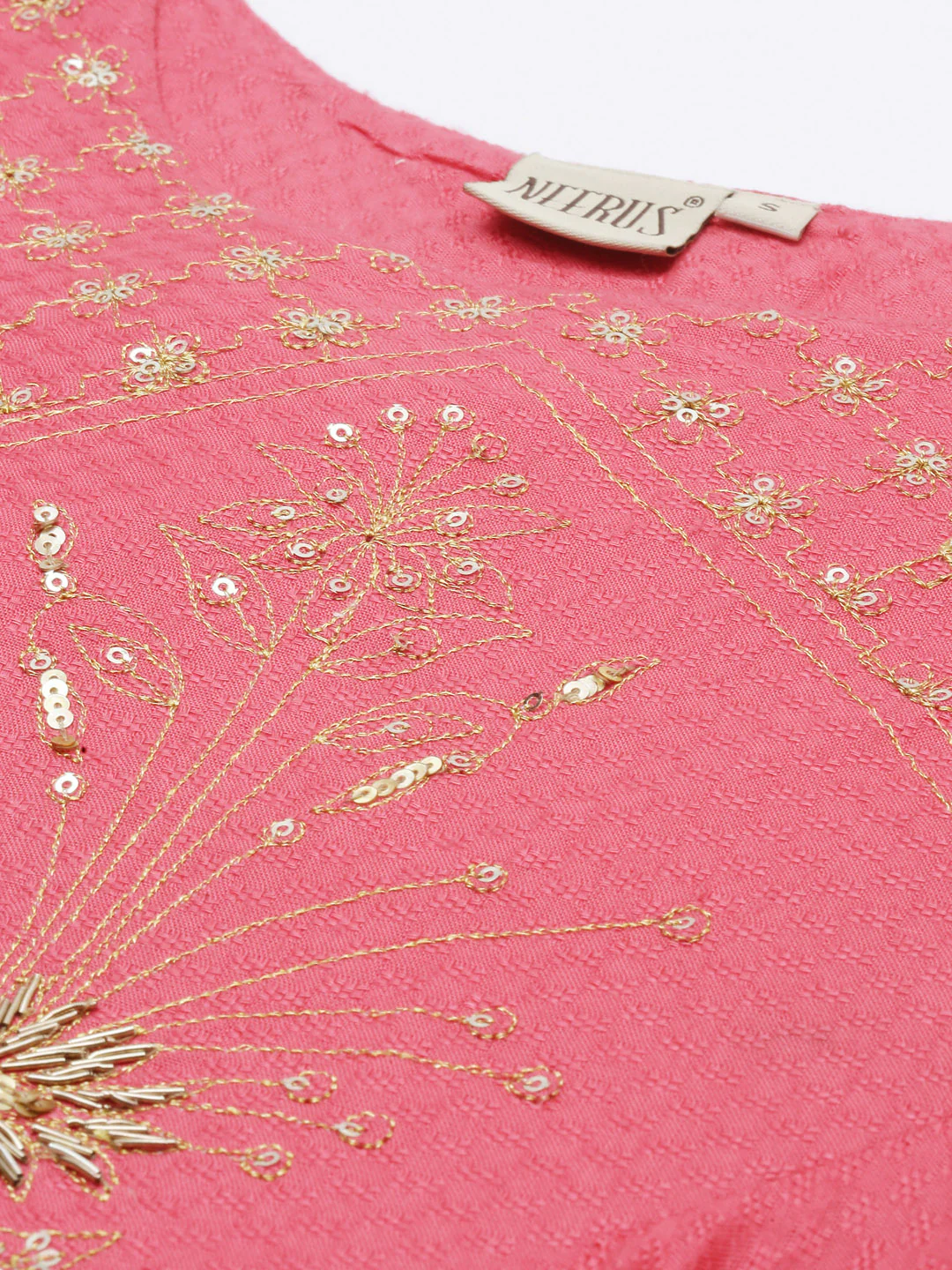 Neerus Coral Embellished High Low Kurta - Image 3