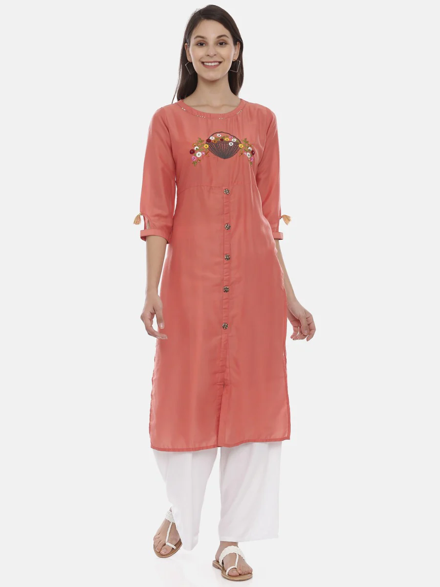 Neerus Coral Embroidered Straight Kurta