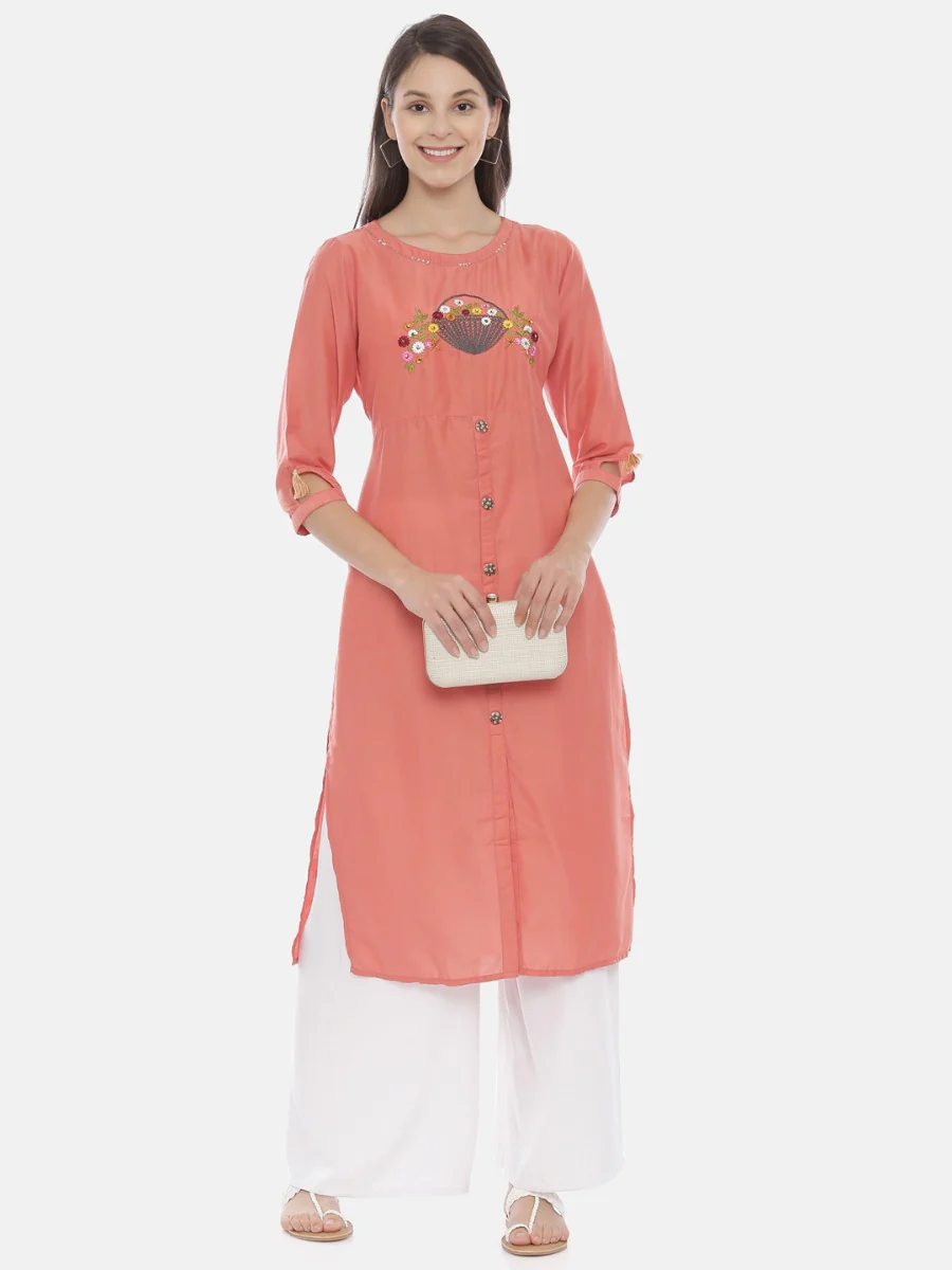 Neerus Coral Embroidered Straight Kurta - Image 6