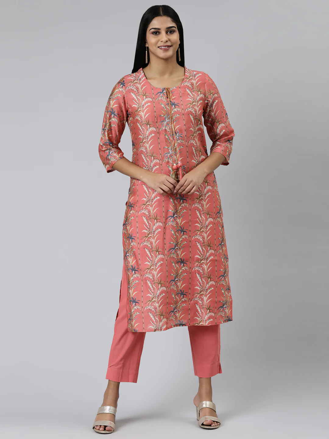 Neerus Coral Regular Calf Length Printed Kurta Solid Trousers
