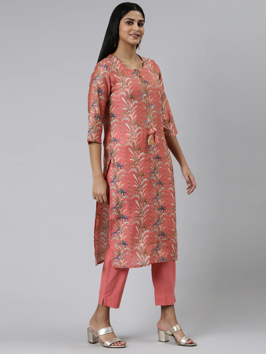 Neerus Coral Regular Calf Length Printed Kurta Solid Trousers - Image 2