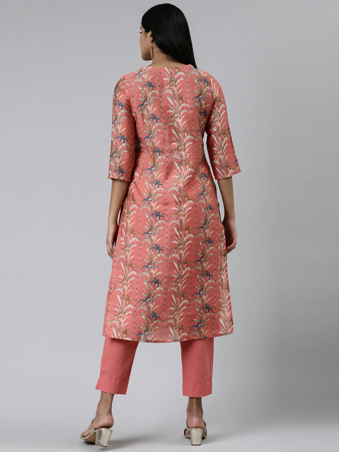 Neerus Coral Regular Calf Length Printed Kurta Solid Trousers - Image 3