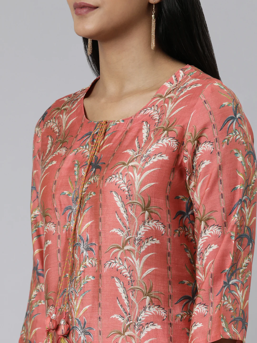 Neerus Coral Regular Calf Length Printed Kurta Solid Trousers - Image 4