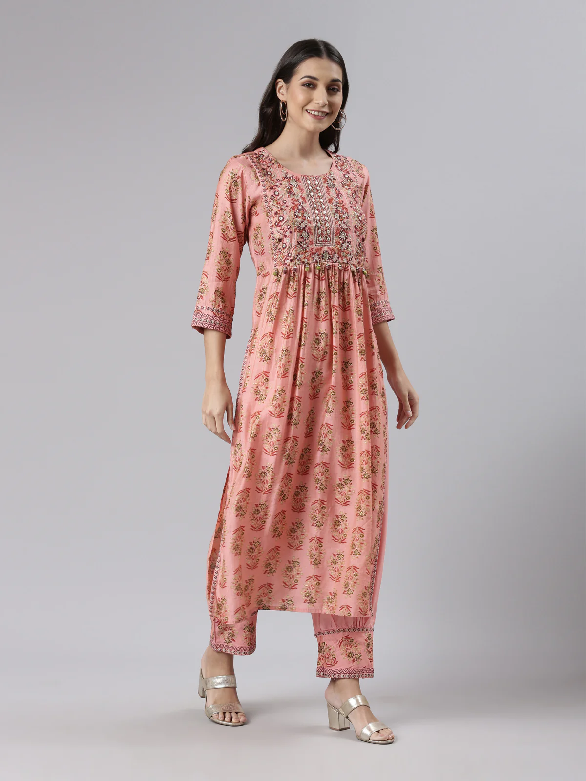 Neerus Coral Regular Knee Length Printed Kurta Solid Trousers With Dupatta - Image 2
