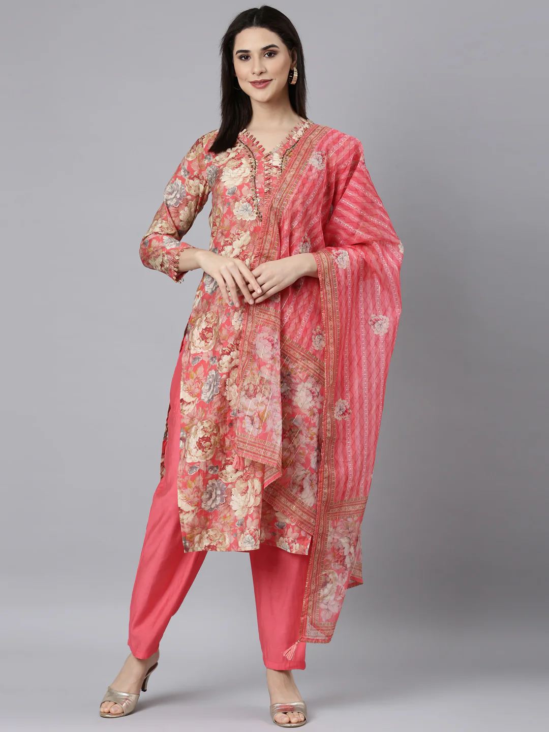 Neerus Coral Regular Straight Floral Kurta And Trousers With Dupatta - Image 5