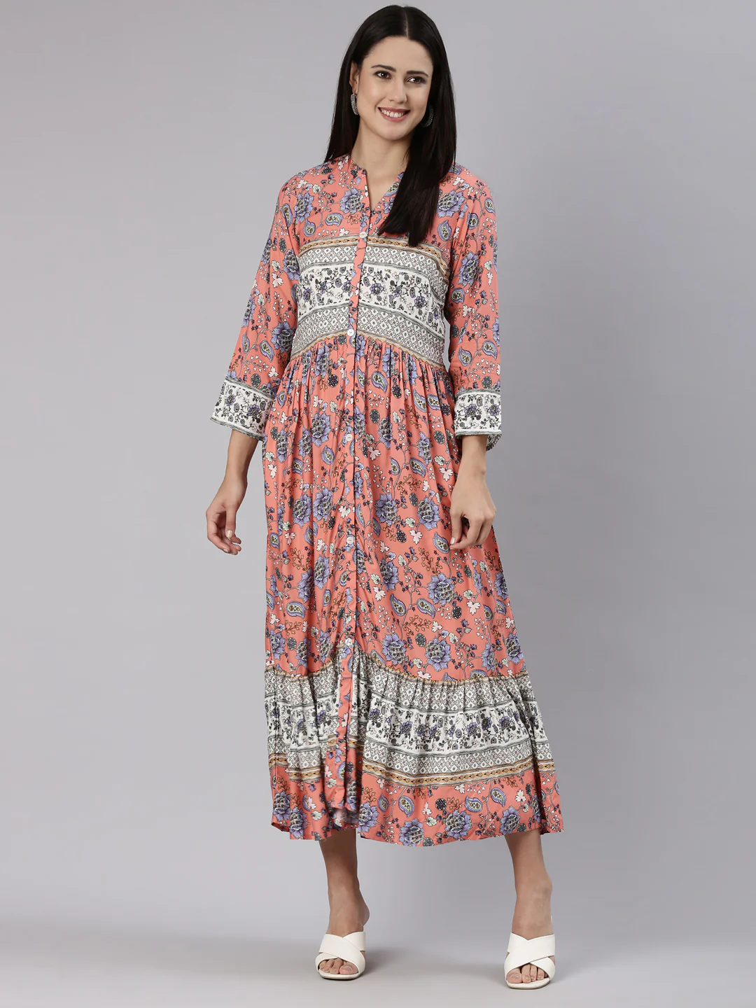Neerus Coral Straight Casual Floral Dress - Image 5