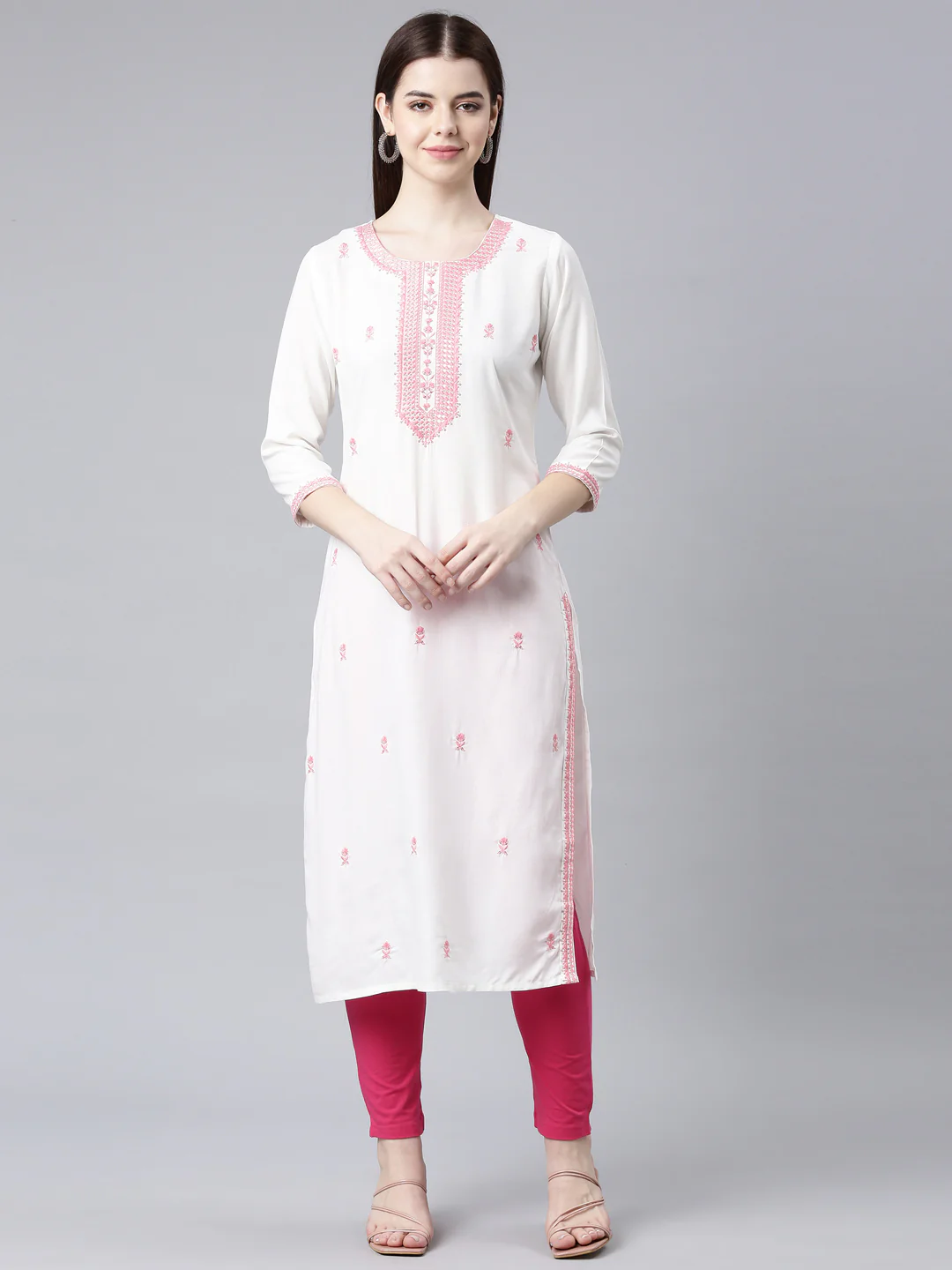Neerus Coral Straight Casual Floral Straight Kurta