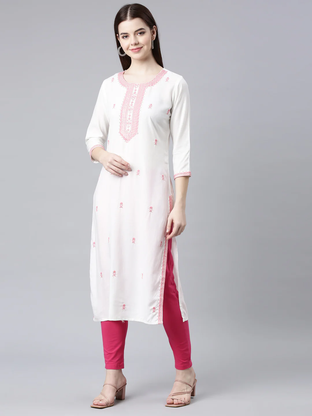 Neerus Coral Straight Casual Floral Straight Kurta - Image 2
