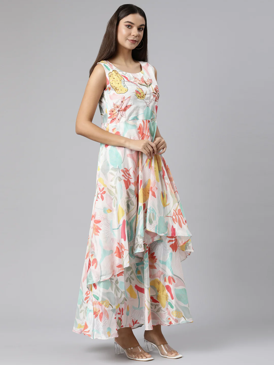 Neerus Cream Asymmetric Casual Floral Dresses - Image 2