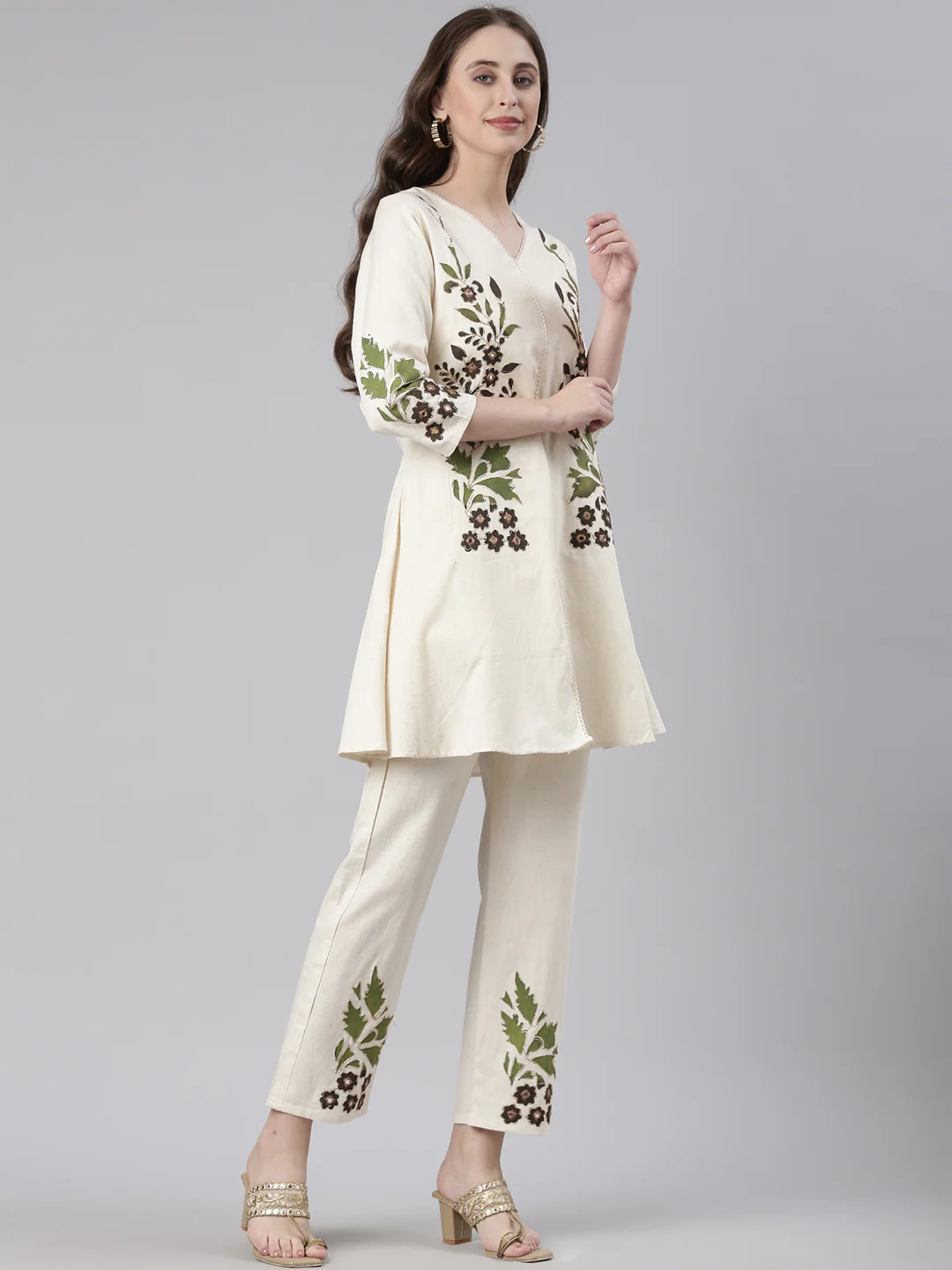 Neerus Cream Casual Embroidered Kurti with Trousers - Image 2