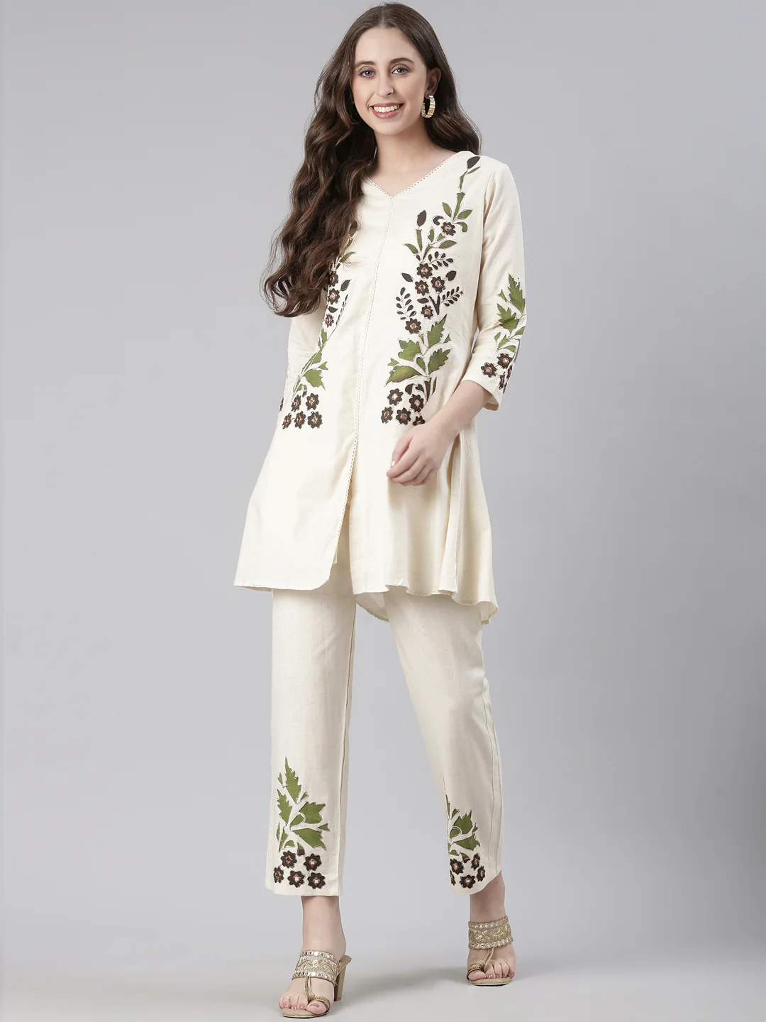 Neerus Cream Casual Embroidered Kurti with Trousers - Image 5