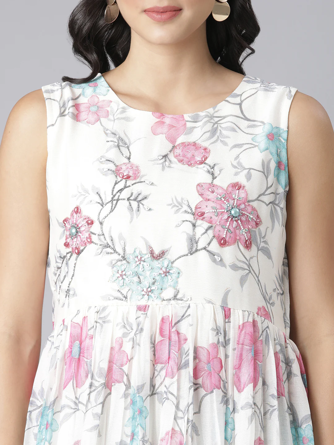 Neerus Cream Casual Floral Maxi Dresses - Image 4