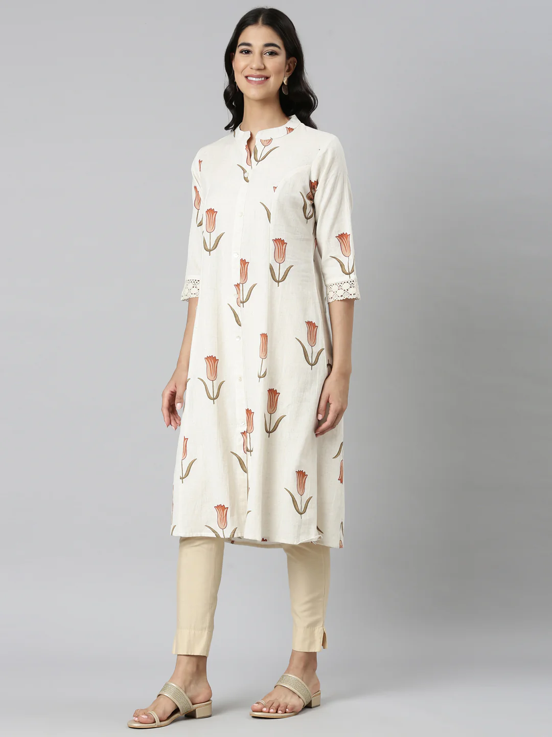 Neerus Cream Casual Floral Straight Kurta - Image 2
