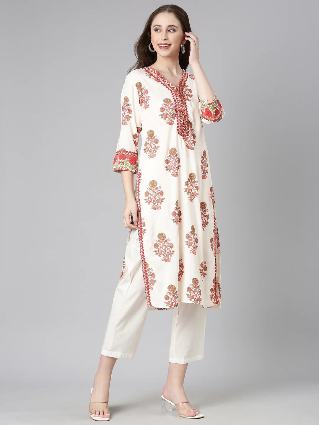 Neerus Cream Casual Floral Straight Kurta - Image 2