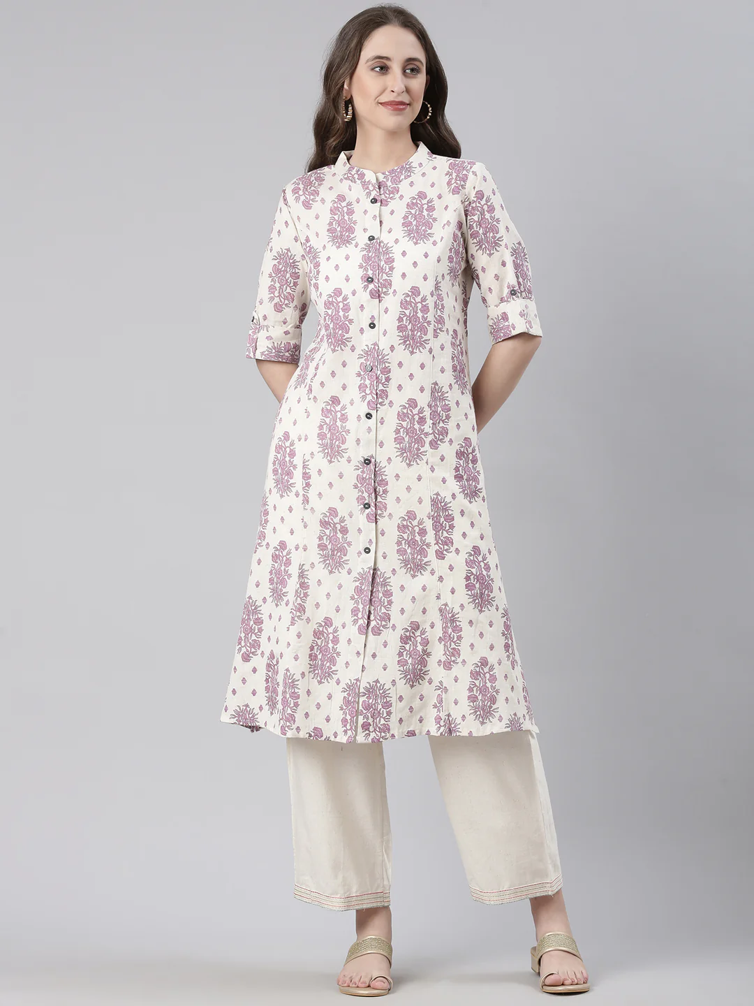 Neerus Cream Casual Floral Straight Kurta