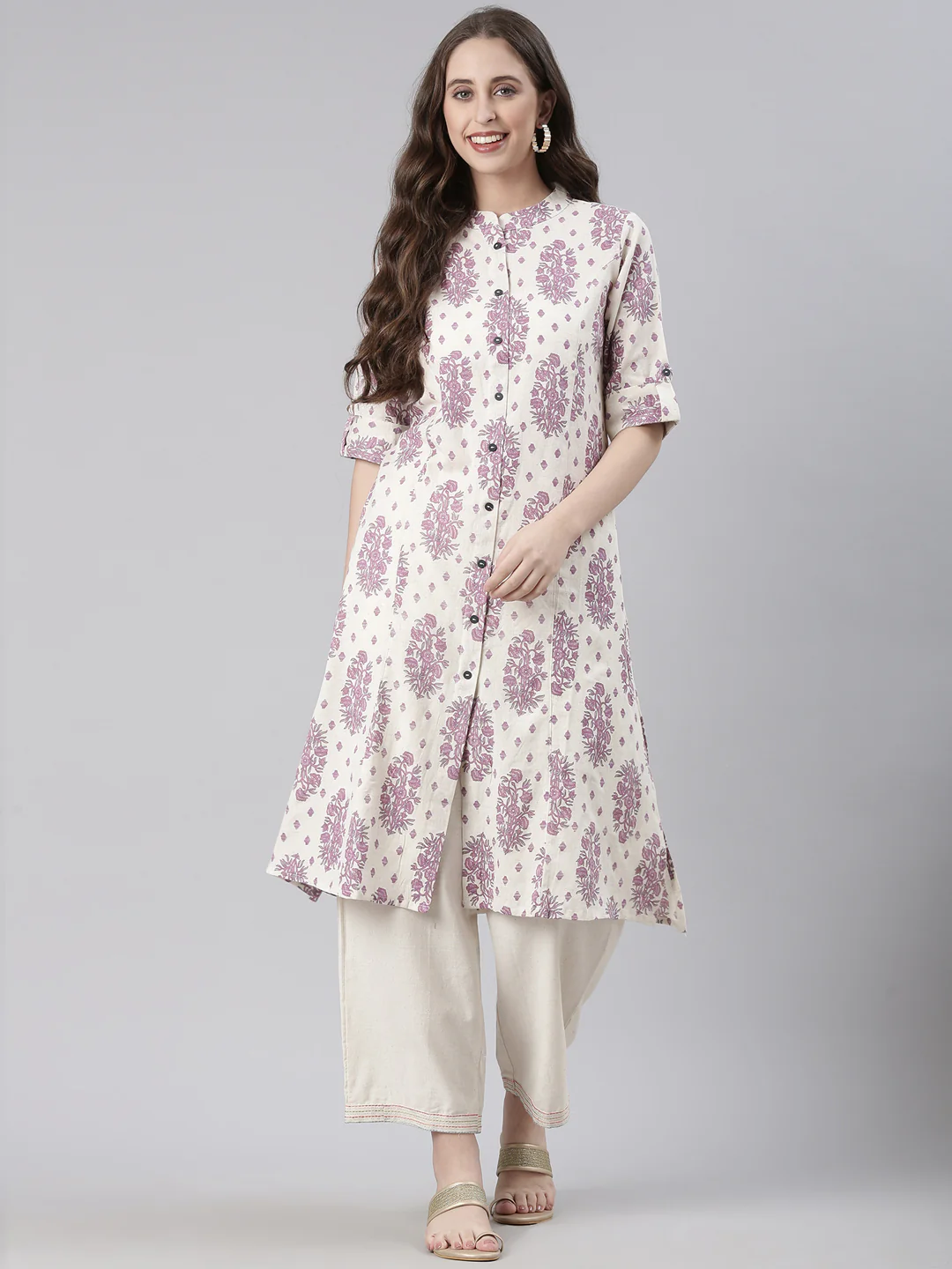 Neerus Cream Casual Floral Straight Kurta - Image 5