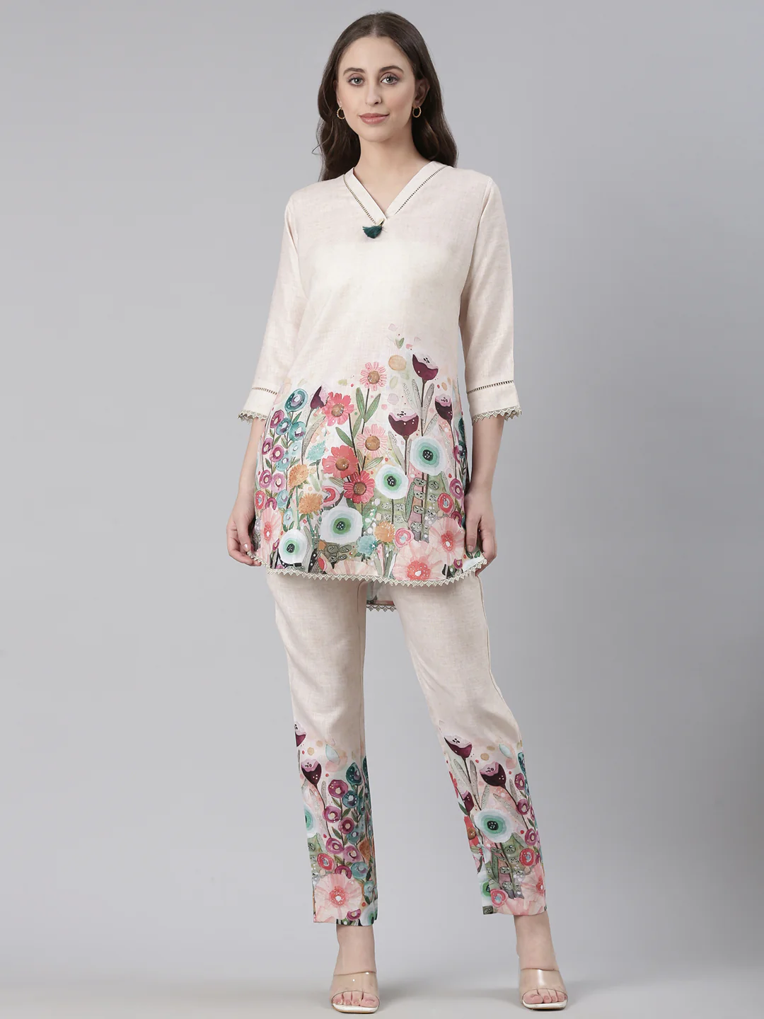 Neerus Cream Casual Printed Kurti with Trousers - Image 2