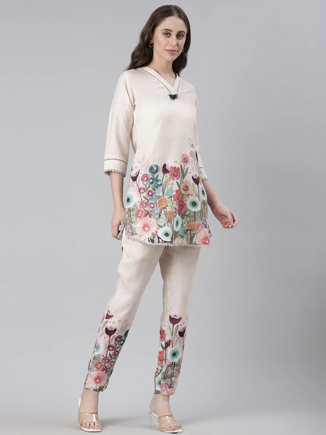 Neerus Cream Casual Printed Kurti with Trousers - Image 3