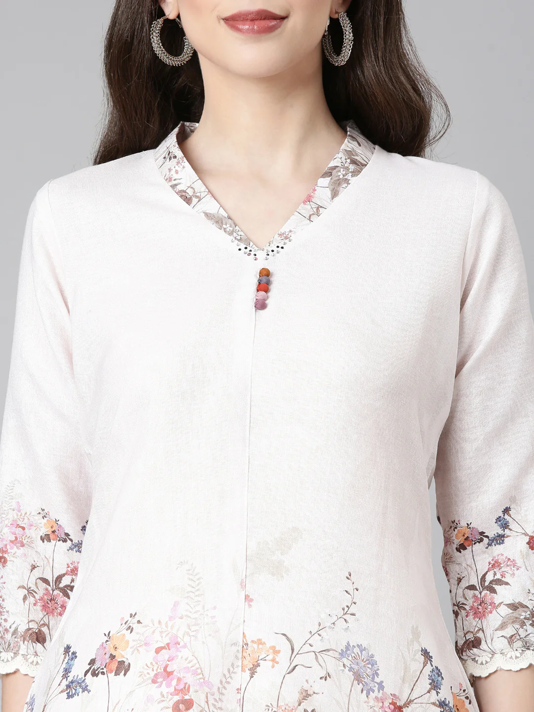 Neerus Cream Casual Solid Kurti with Trousers - Image 4