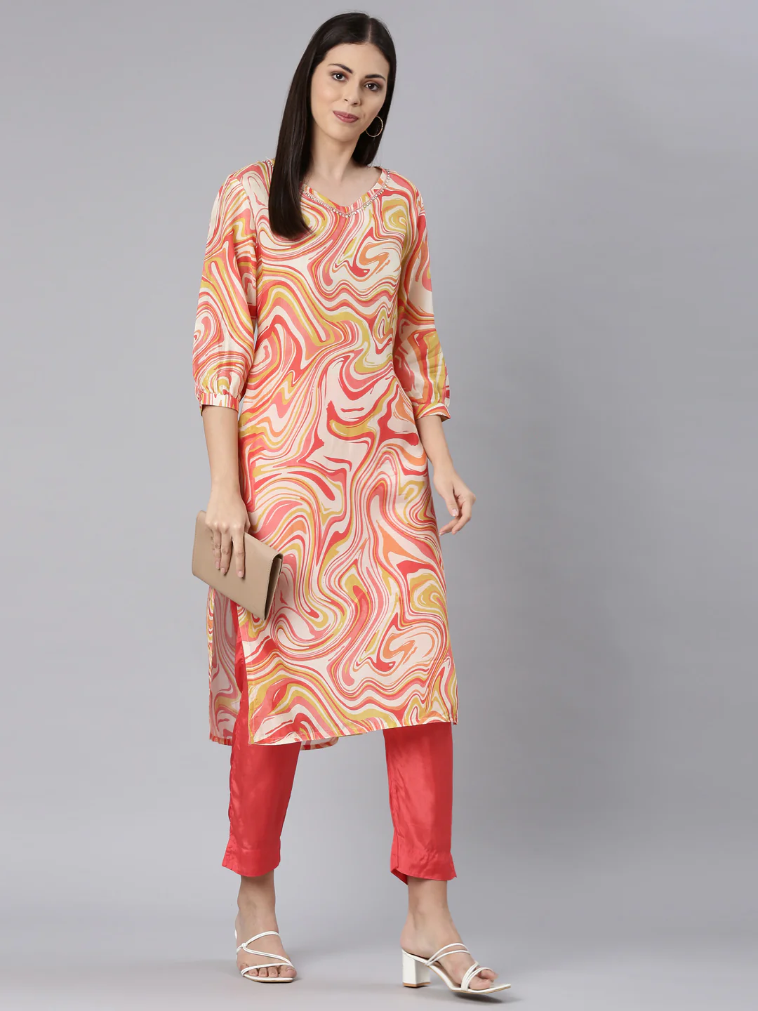 Neerus Cream Casual Straight Kurta and Trouser - Image 6