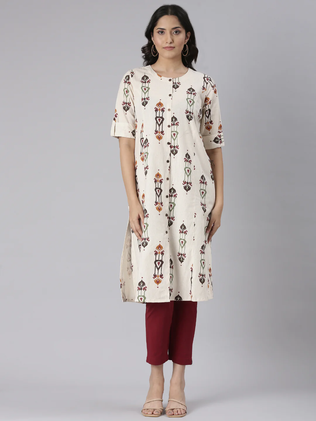 Neerus Cream Casual Tribal Straight Kurta