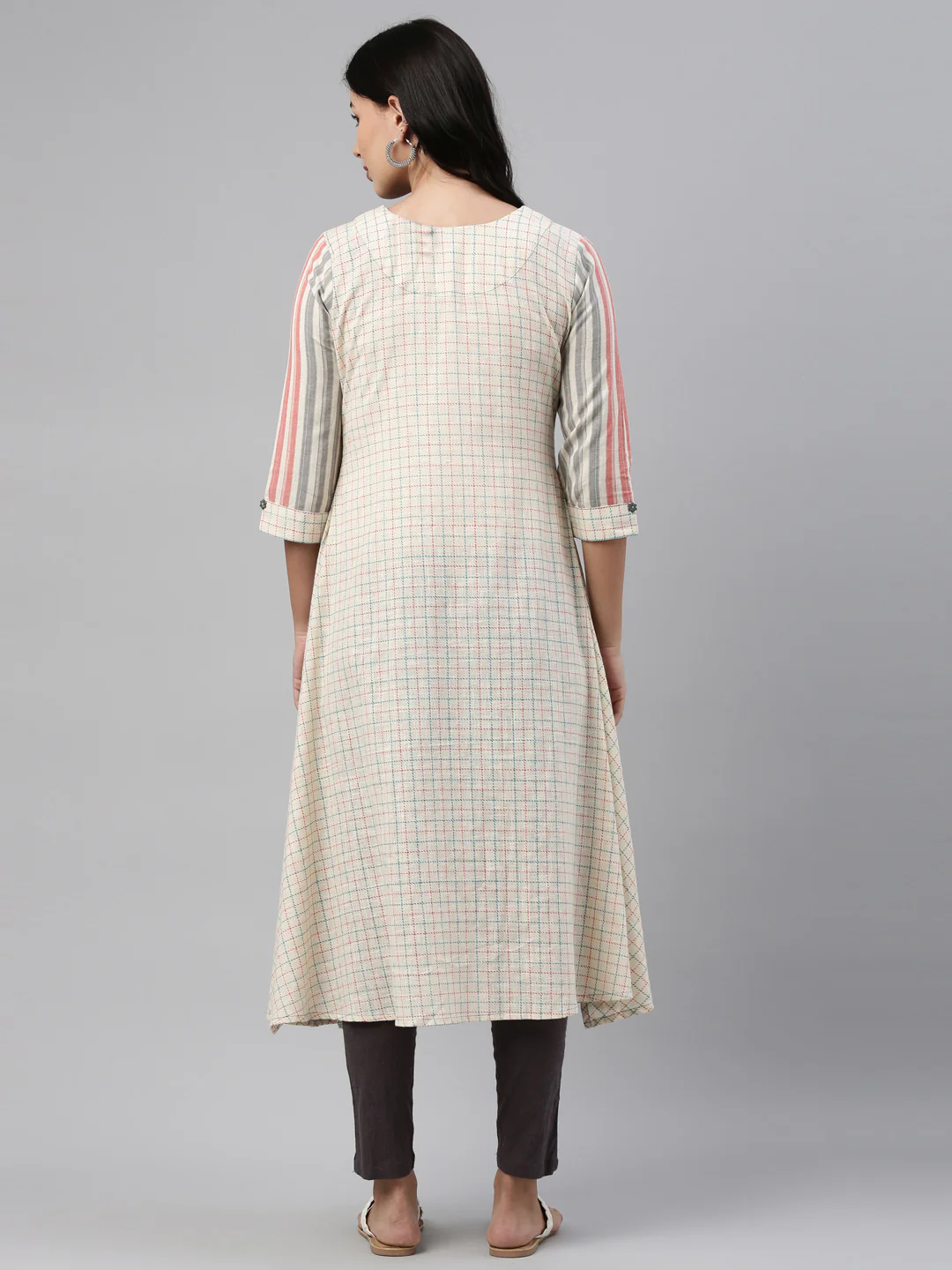 Neerus Cream Check A Line Kurta - Image 5
