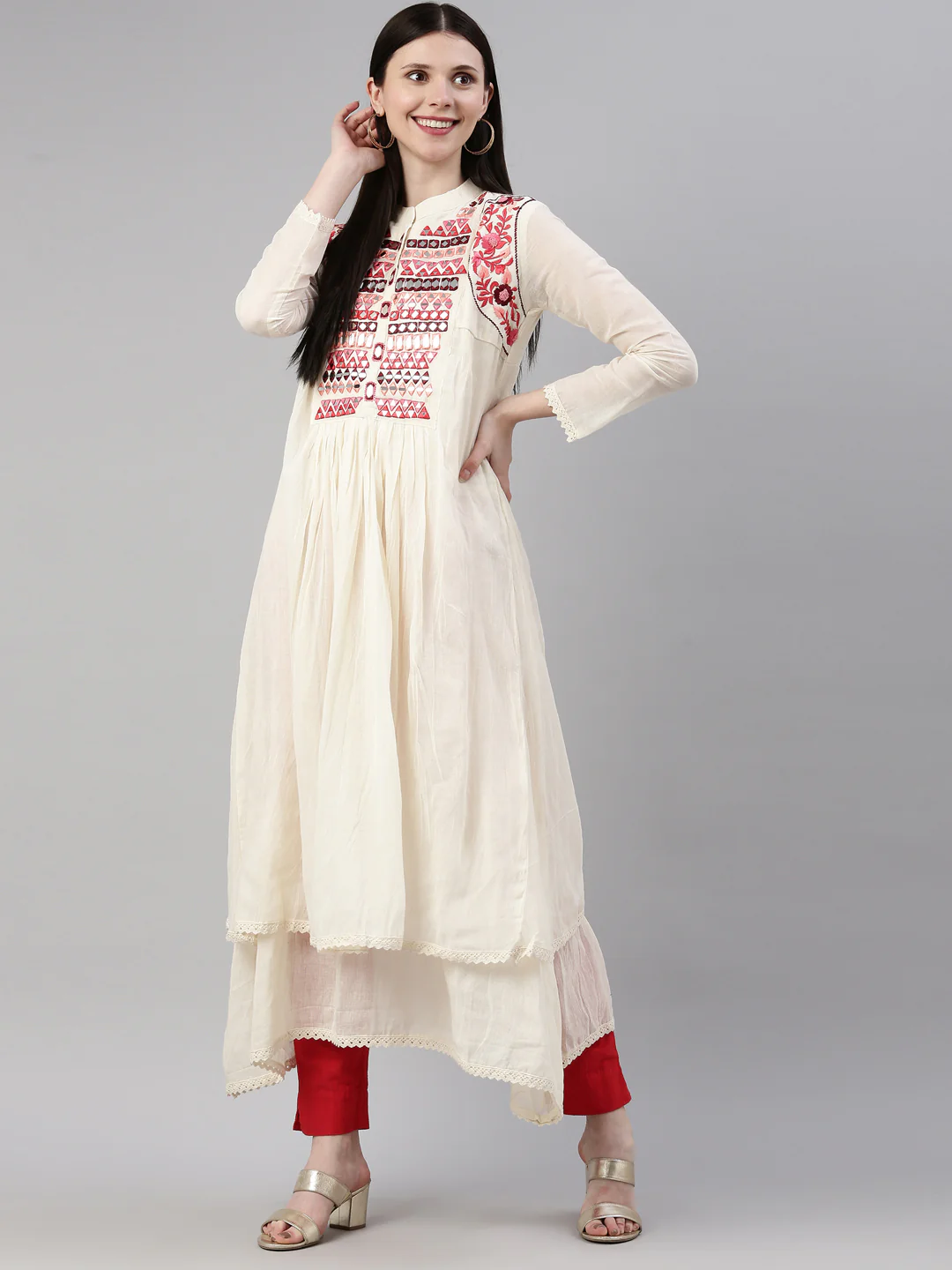 Neerus Cream Color Chanderi Fabric Kurta - Image 6