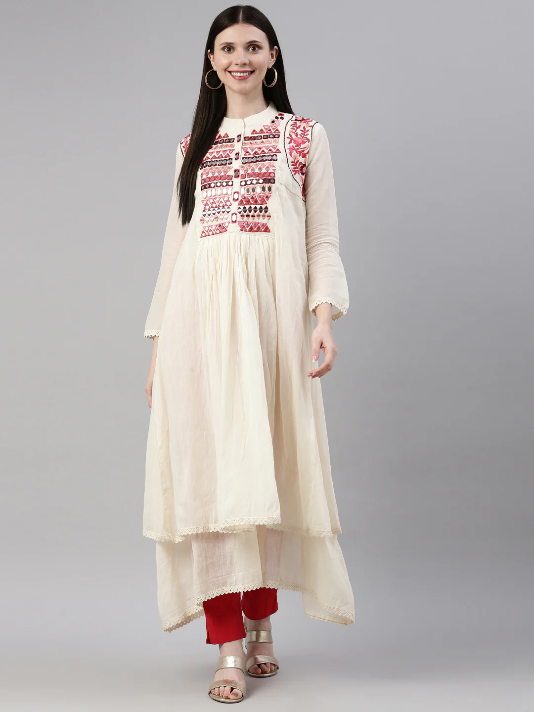 Neerus Cream Color Chanderi Fabric Kurta - Image 9