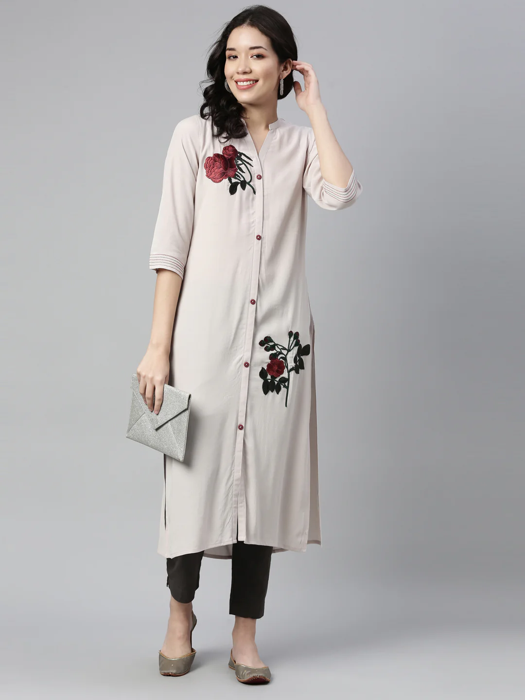 Neerus Cream Color Chiffon Fabric Kurta - Image 4