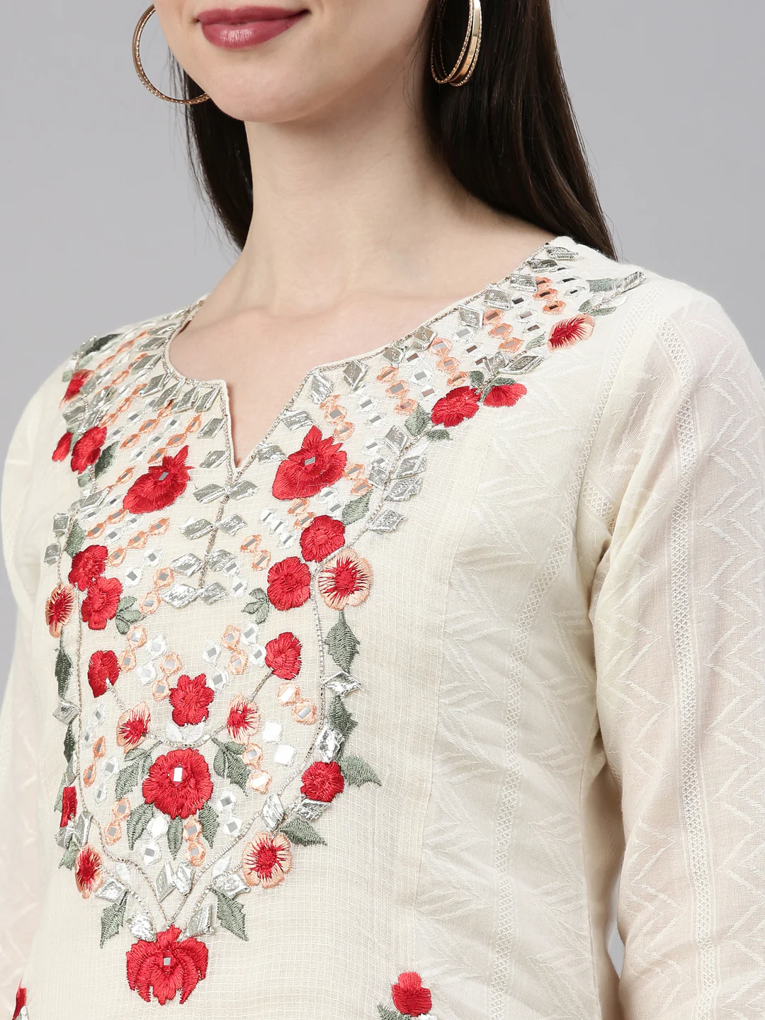 Neerus Cream Color Cotton Fabric Kurta - Image 2