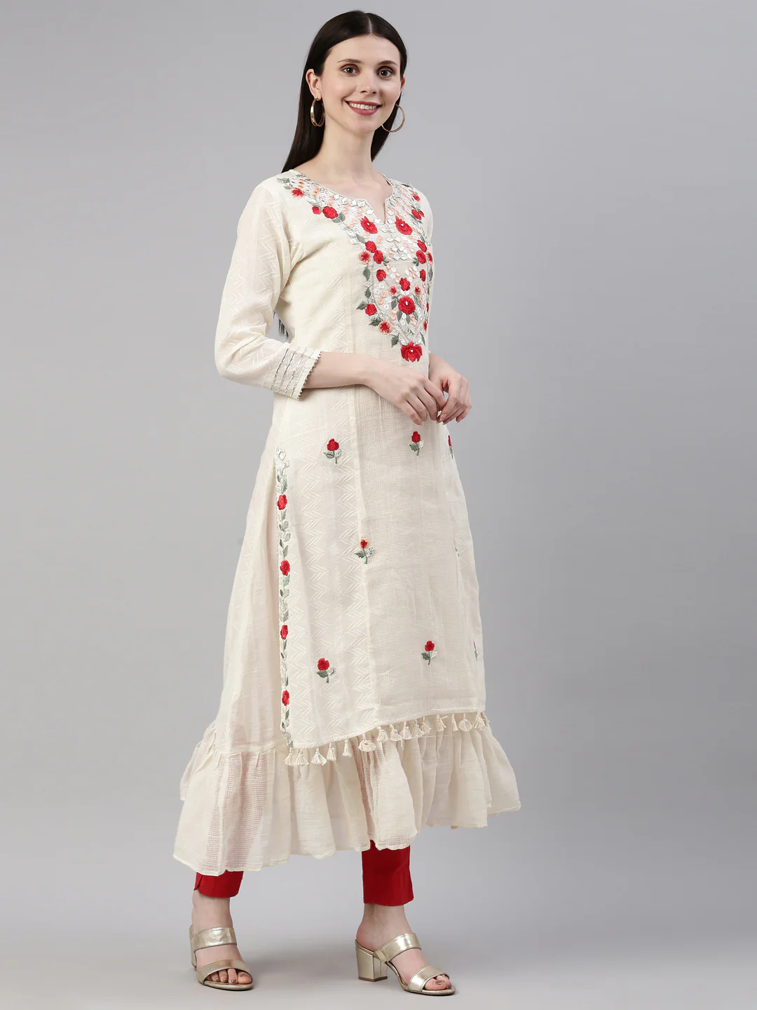Neerus Cream Color Cotton Fabric Kurta - Image 4