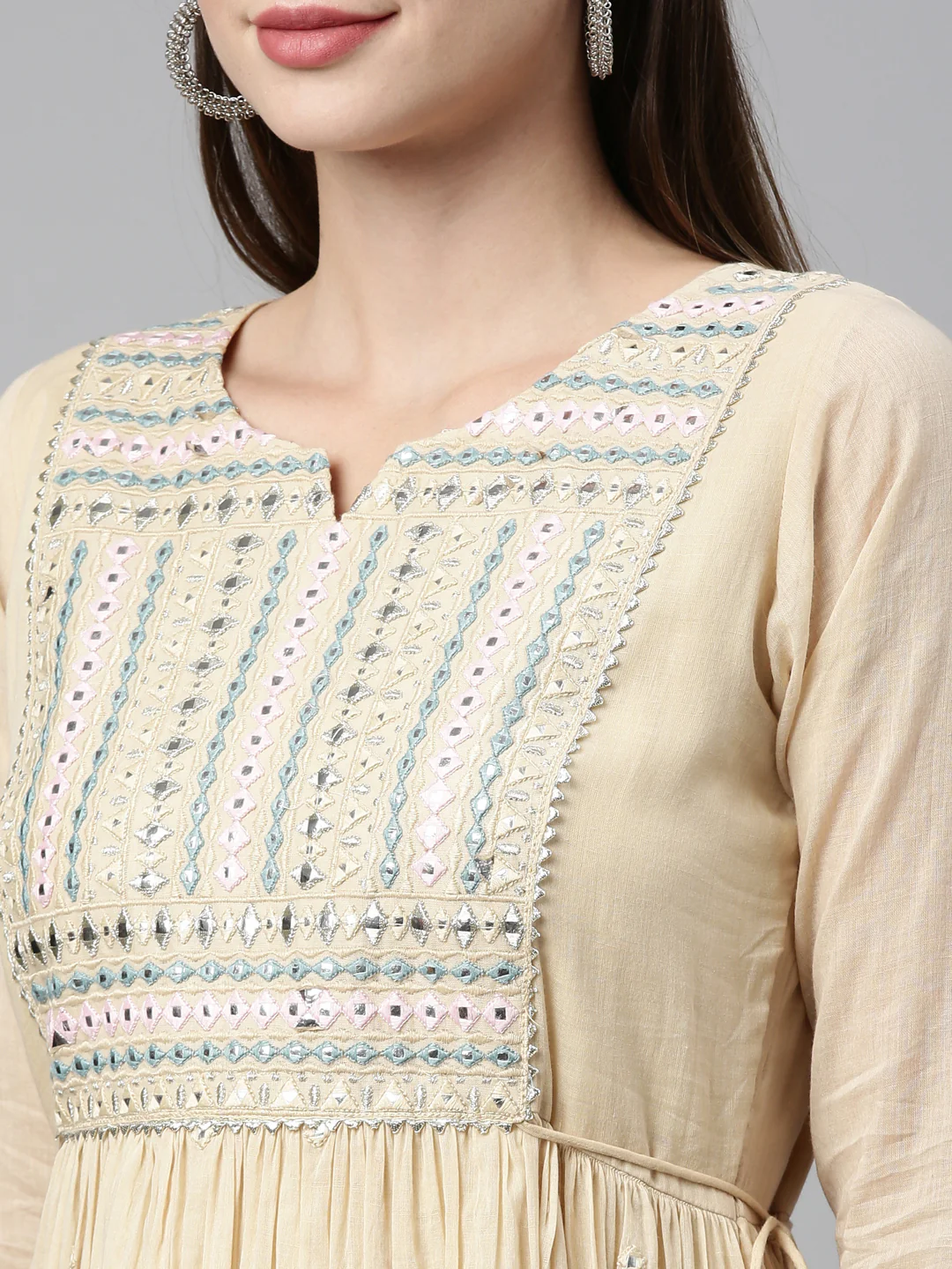 Neerus Cream Color Cotton Fabric Kurta - Image 3