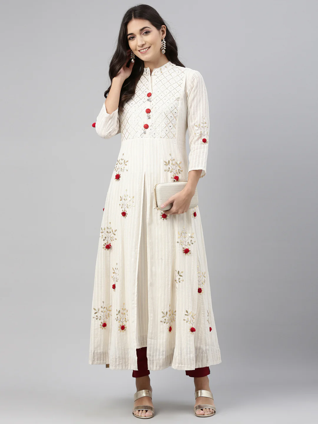 Neerus Cream Color Cotton Fabric Tunic