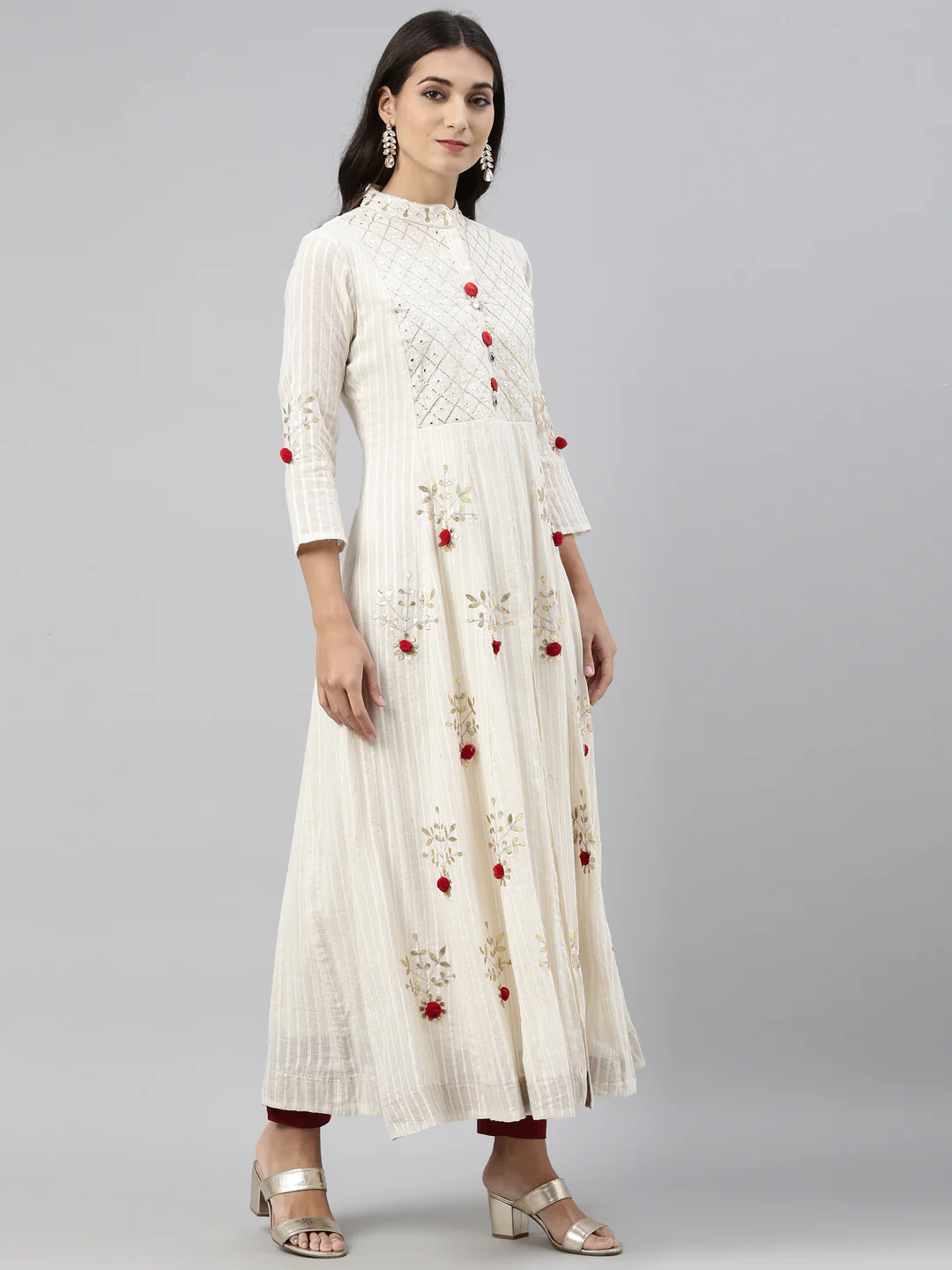 Neerus Cream Color Cotton Fabric Tunic - Image 3