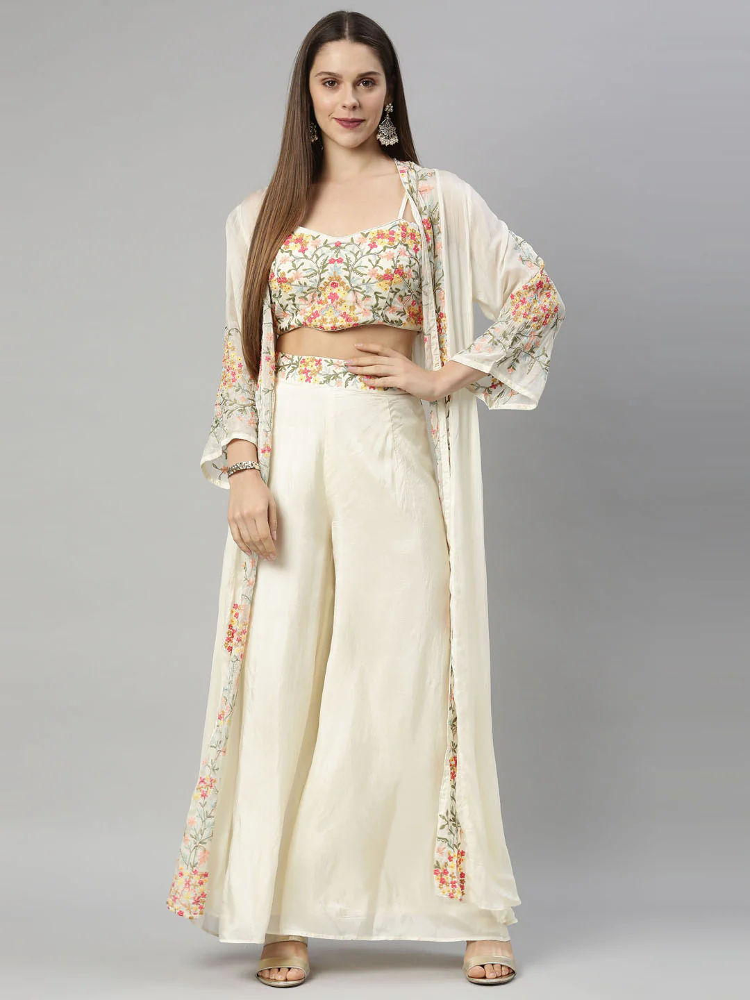 Neerus Cream Color Crepe Fabric Suit-Fusion