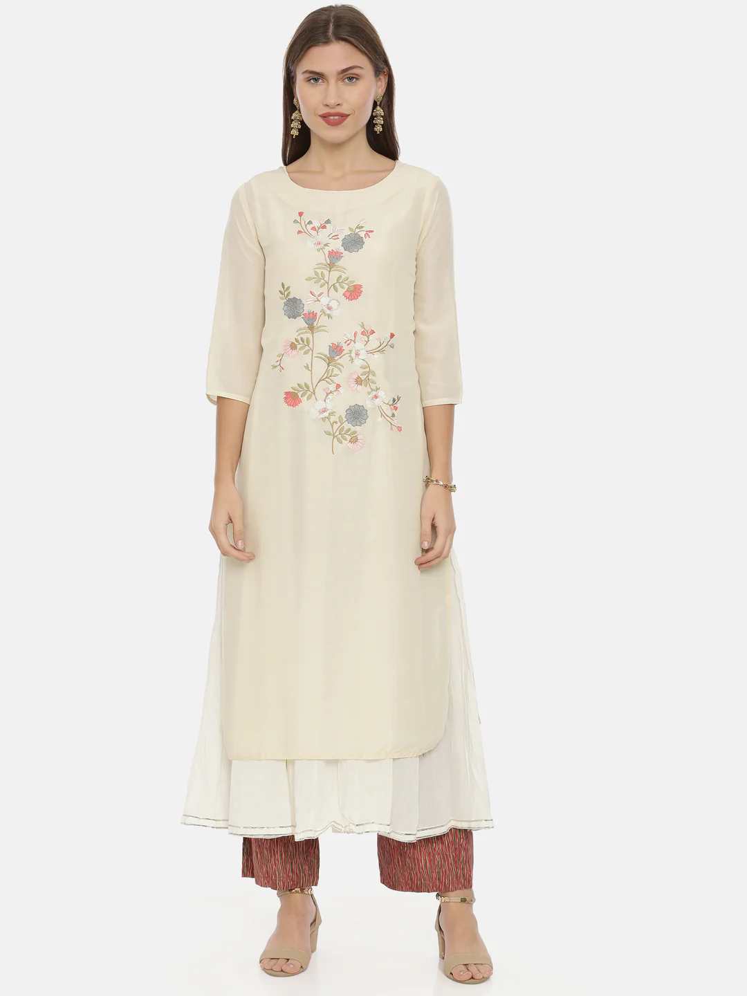 Neerus Cream Color Muslin Fabric Tunic - Image 6