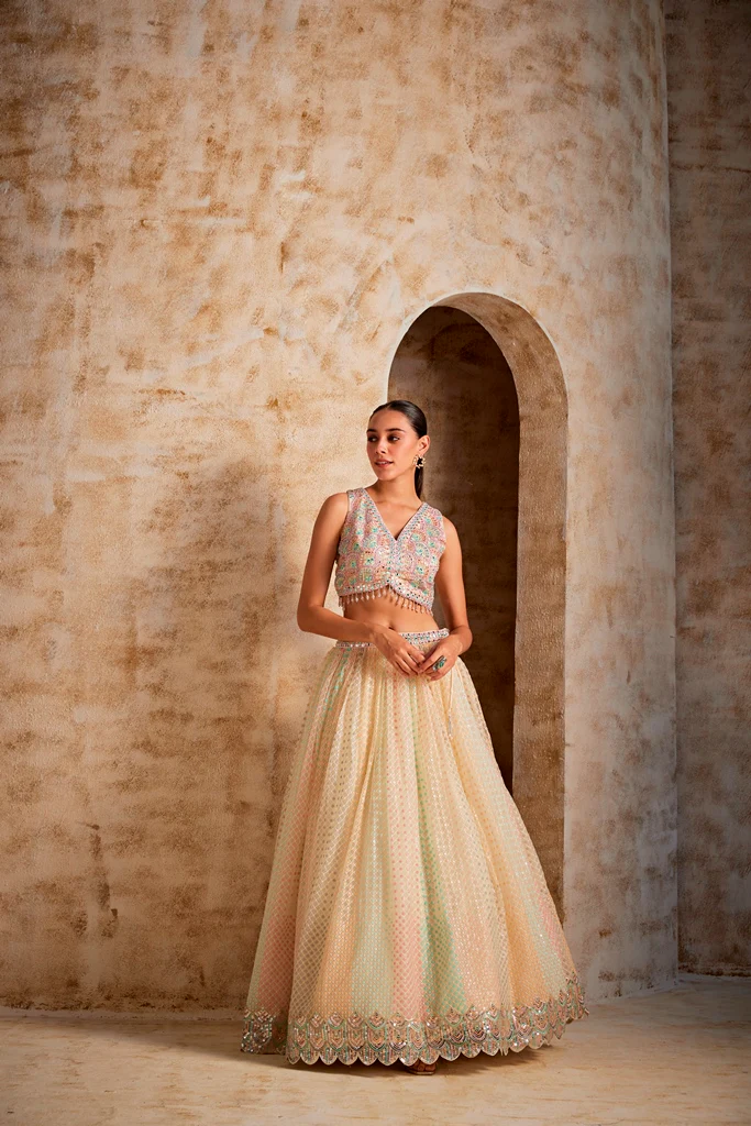 Neerus Cream Color Nett Fabric Ghagra Set - Image 3
